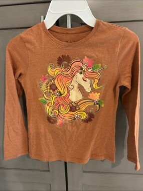 Place Rust Orange Long-Sleeve Unicorn Top with Multicolor Mane